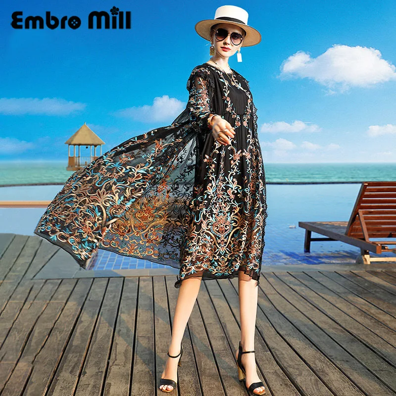 

Silk Chinese Style Embroidery sleeveless Dress + Open Stitch Female New O-Neck Summer Vacation Loose Evening party Dress S-XL