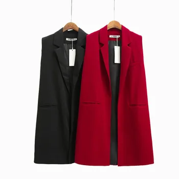 

Red Female Cardigan Elegant Black Coat Autumn Spring Solid Long Vest For Women Sleeveless Jacket Office Lady Plus Size Waistcoat