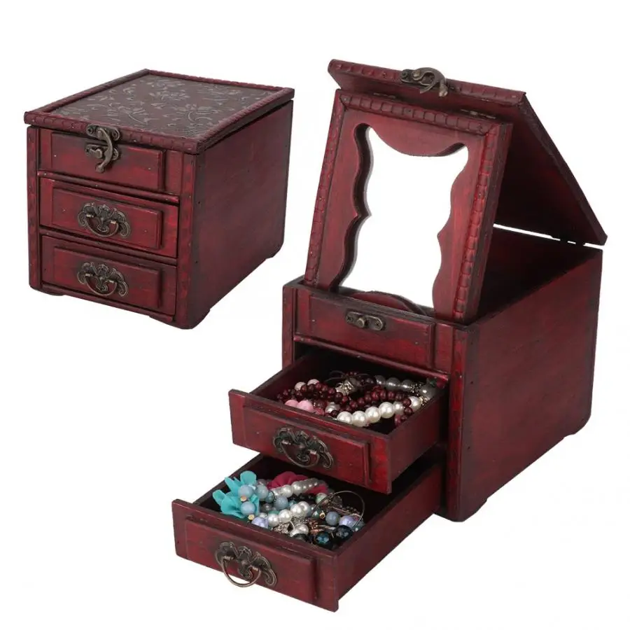 Vintage Wooden Jewelry Boxes Container Rings Earrings Necklace Bracelet Storage Holder with Mirror Drawer Watch Display