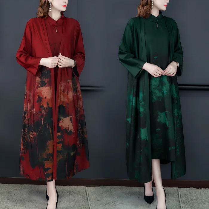 

High-End Retro Middle-aged Mom Dress WOMEN'S Suit 2019 Autumn Clothing New Style zhang xiu yi Coat Two-Piece Set Fashion