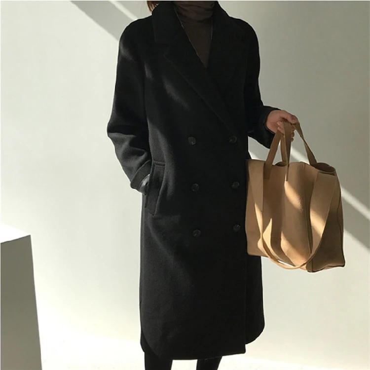 Для женщин Элегантная зимняя куртка шерсть чёрный; коричневый более Размеры пальто длинное двубортное шерстяное пальто плюс размер пальто Femme Hiver
