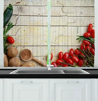 

Brown Green Rustic Kitchen Curtains Cooking Vegetables Theme Recipe Chef Rustic Wood Planks Utensil Artwork Image for Kitchen
