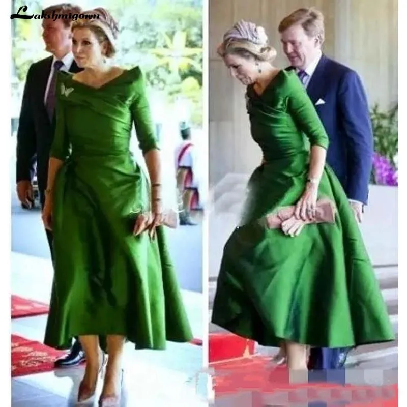 PICTURE COLOR Elegant 3/4 Long Sleeves Dark Green Satin Mother of Bride Dresses Princess Formal Party Evening Gowns Tea Length - Цвет: PICTURE COLOR