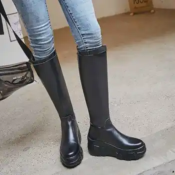 

Luxury brand high heels knight boots new winter women shoes thick bottom knee-high boots round toe riding boots zapatos mujer