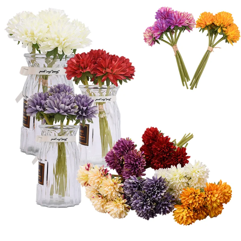 6pcs/bundles Artificial Silk Ball Shape Chrysanthemums Dandelion Bride Holding Flowers Wreath Home Living Room Decor Fake Flower | Дом и сад