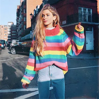 

Rainbow Striped Female Sweater European Style Oversized Sweater Woman Turtleneck Knit Top Pullover