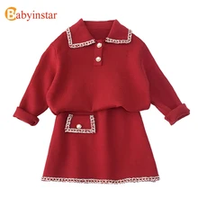 Babyinstar/комплекты детской одежды для девочек; г. Зимние свитера для девочек; Детский кардиган+ юбка; комплект одежды для детей