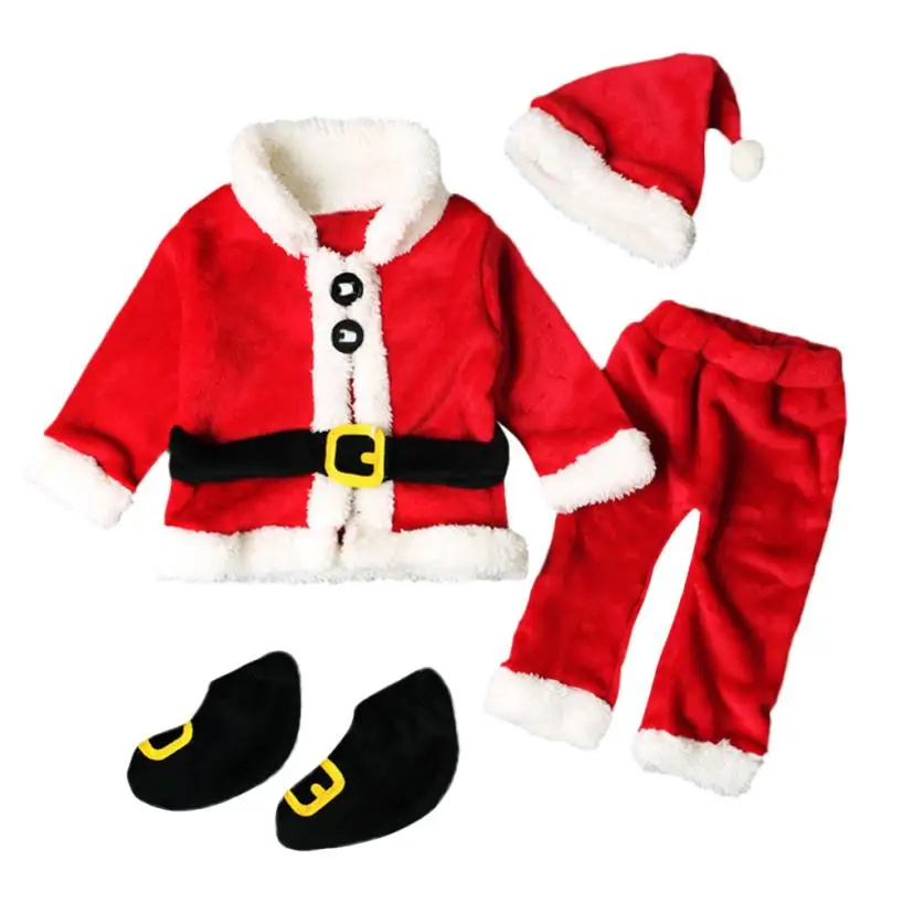 4 шт. рождественские костюмы Санта Клауса для малышей, Новогодняя одежда для младенцев рождественские Топы Брюки шляпы, носки, комплект одежды - Цвет: suit