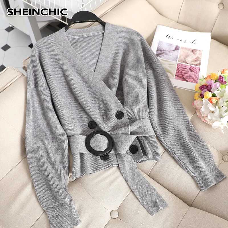 Autumn Women Sweater Korean New Fashion Grey/Beige/Khaki Cardigans With Belt Elegant Long Sleeve V-neck Knit Blouse Female