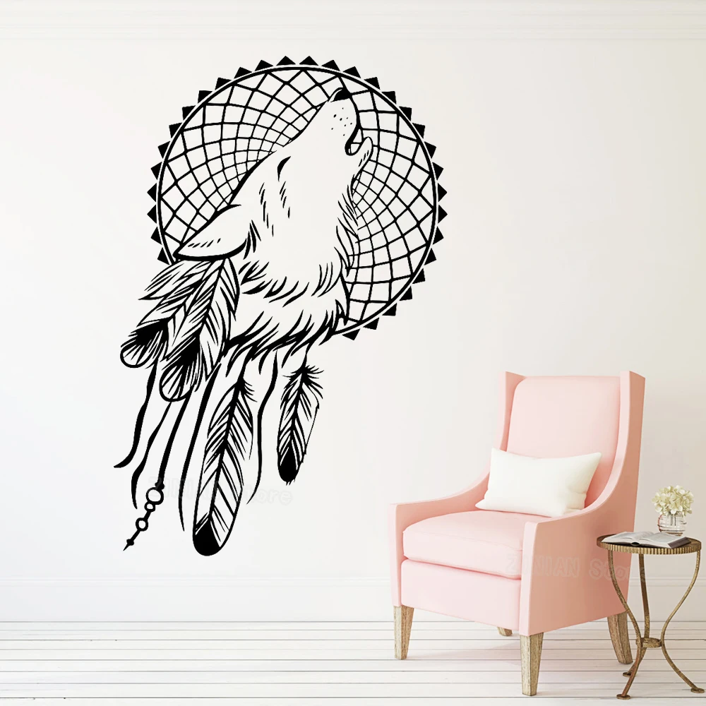 

Wolf and Feathers Wall Decal Creative Wall Sticker Sleep Symbol Home Interior Decor Bedroom Living Room Mural LW167