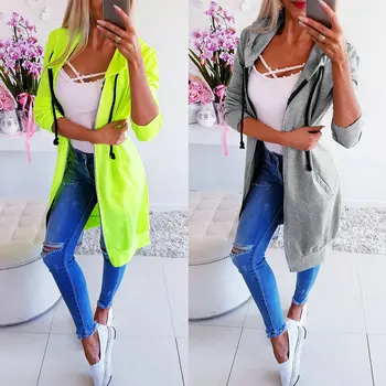 

Casual Pocket Hooded Sweatshirt Women Autumn Winter Zipper Long Coat Outerwear Warm Female Green Gray Slim Fit Hoodies Overcoat