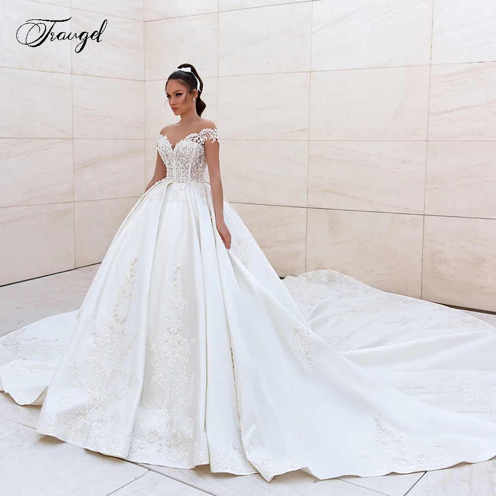 Сексуальное атласное свадебное платье Traugel с открытой спиной, роскошное платье невесты без рукавов с аппликацией и шлейфом, свадебное платье женское