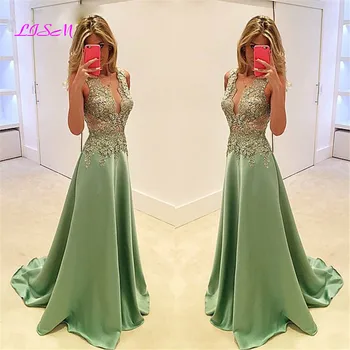 

Satin Green Prom Dresses 2020 Elegant Gold Appliques Women Evening Formal Gowns Long Fashion Beaded Sexy V-Neck Party Dress