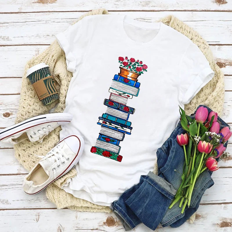 Women Graphic Book Flower Floral Cartoon Fashion Print Summer T-Shirt Shirt Tops Lady Clothes Womens Clothing Tee Female T | Женская
