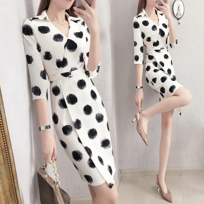 

Polka dot printed dress casual professional OL women's summer temperament early autumn new waist V-neck bag hip dress