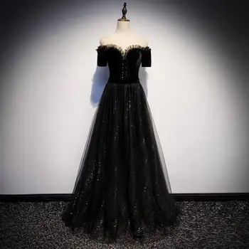 

Elegant Sequins Rhinestone Prom Gown Black Off Shoulder Lady Evening Party Dress Exquisite Lace Velvet Bling Robe De Soiree