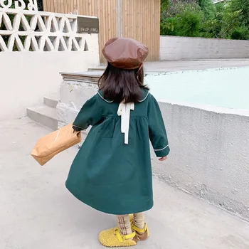 

2020 Autumn Girl's Hemming Dress with ribbon children aline dresses long sleeve pure color kids dresses for toddler girl cloth