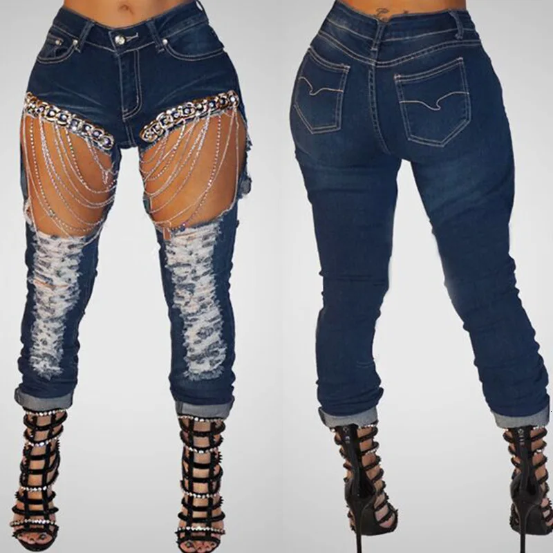 Dilusoo, женские уличные джинсы, брюки, сексуальные, с большими дырками, джинсовые брюки-карандаш, с цепочка на джинсы, Европа, 4 сезона, женские брюки, брюки