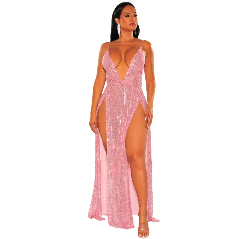 pink dress Сексуальное вечернее платье с блестками, женское элегантное платье с v-образным вырезом на бретельках, длинное платье с разрезом, винтажное платье трапециевидной формы для ночного клуба - Цвет: pink dress
