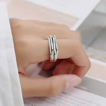 

Geometric Sheet Stack Ring Real 925 Sterling Silver Oxidized Retro Rough Punk Ring Adjustable Vintage Ring Women 925 Jewelry