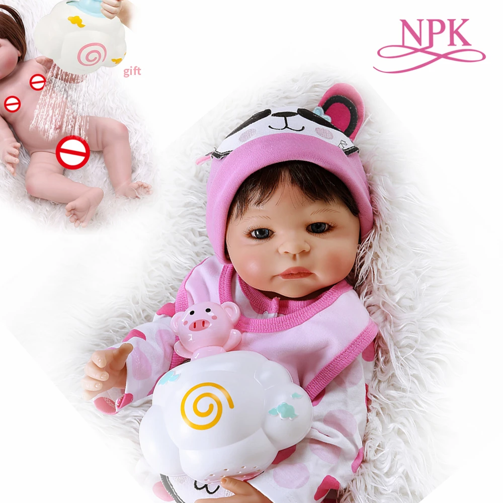 55 см полное тело силиконовая кукла bebe reborn baby dolls in panda платье Ванна игрушка душ кукла Анатомически правильная