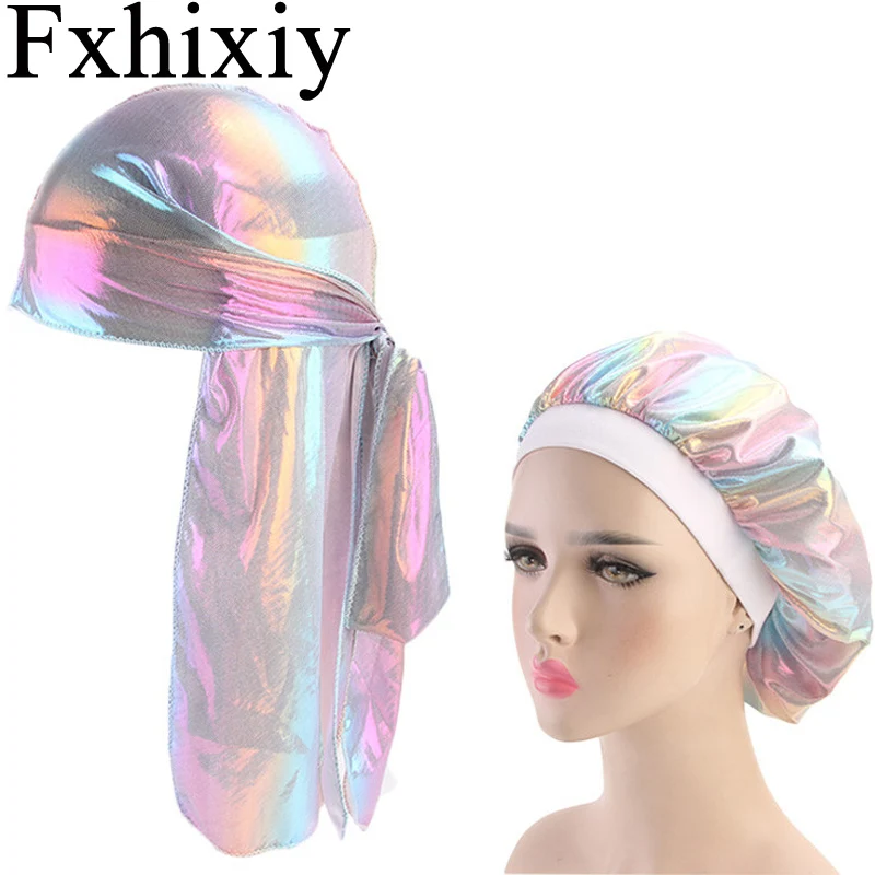 2Pcs Imposta Uomini Sparkly Di Seta Laser Durag Bandana Copricapi Colorato Vasta Doo Rag Cap Cofano Confortevole Sacco A Pelo Cappello