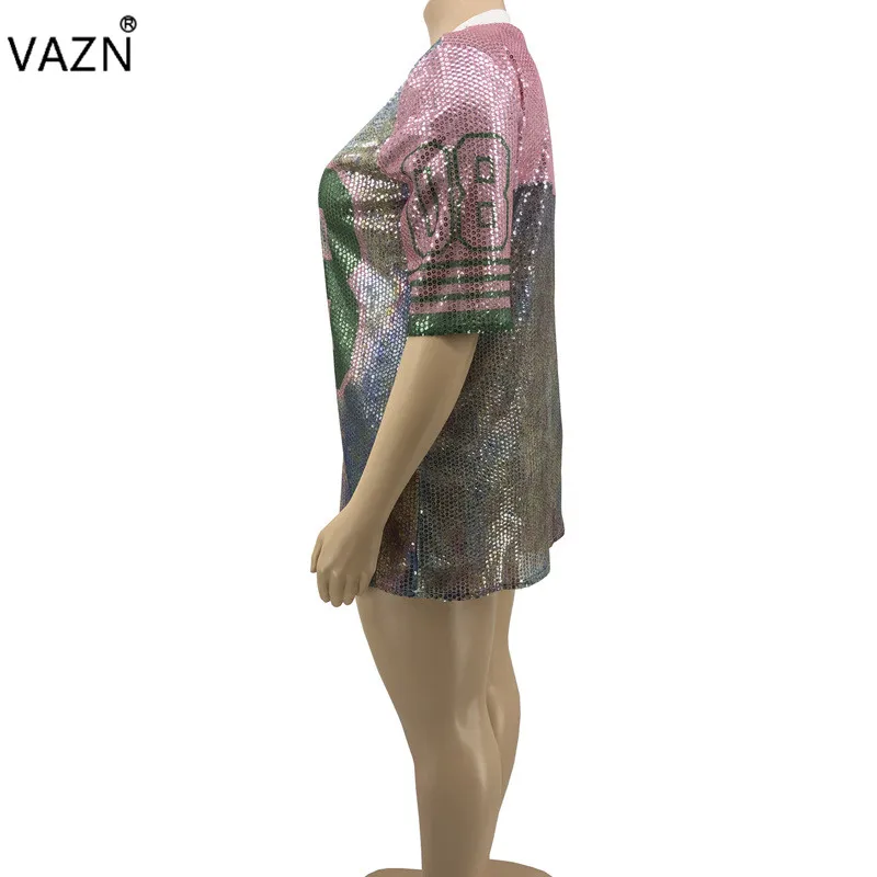 VAZN/YF-1002, большие размеры, тяжелая промышленность, расшитая блестками, нежная, сексуальная, модная, с буквенным принтом, с круглым вырезом, с коротким рукавом, Джокер, женские длинные футболки