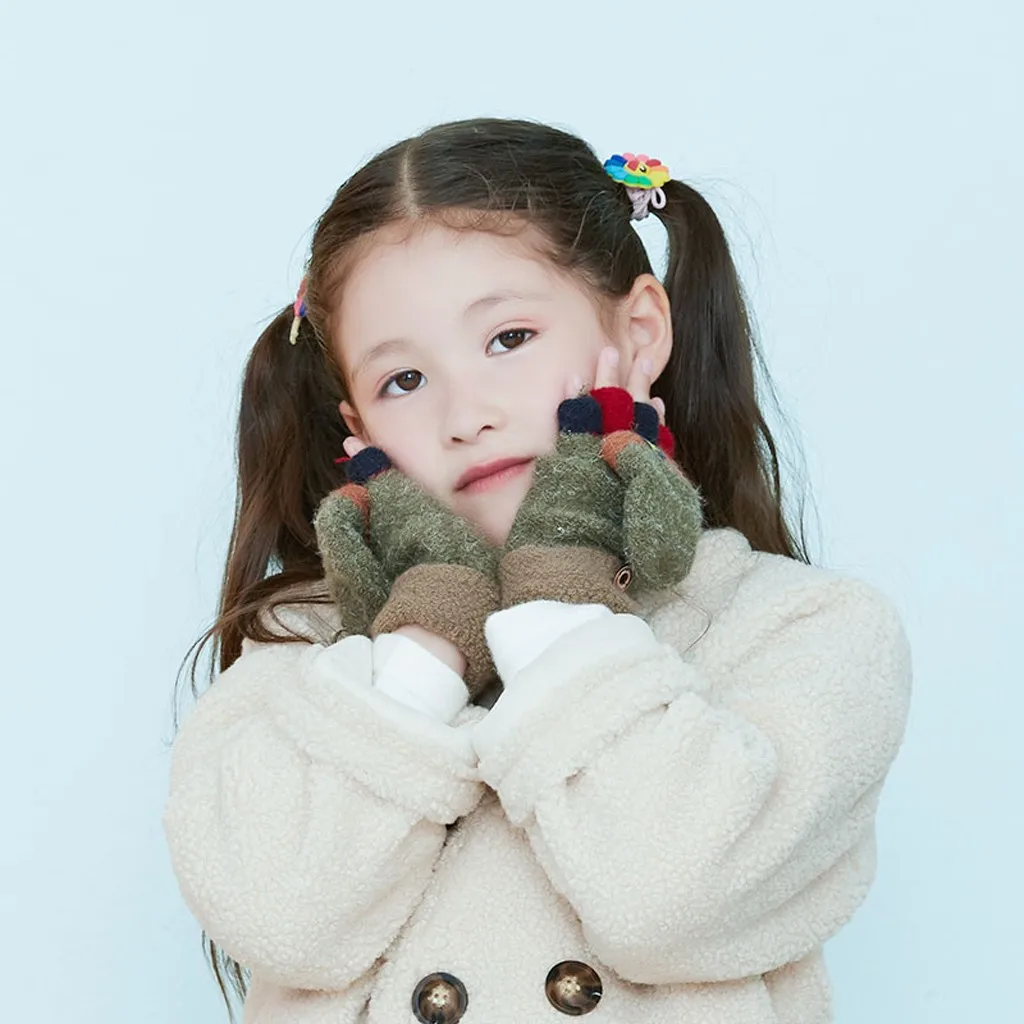 

2019 New Baby Hand Wrist Warm Soft Winter Fingerless Gloves Plush Mittens Convertible Flip Contrast Color Kids Gloves Gif Hot