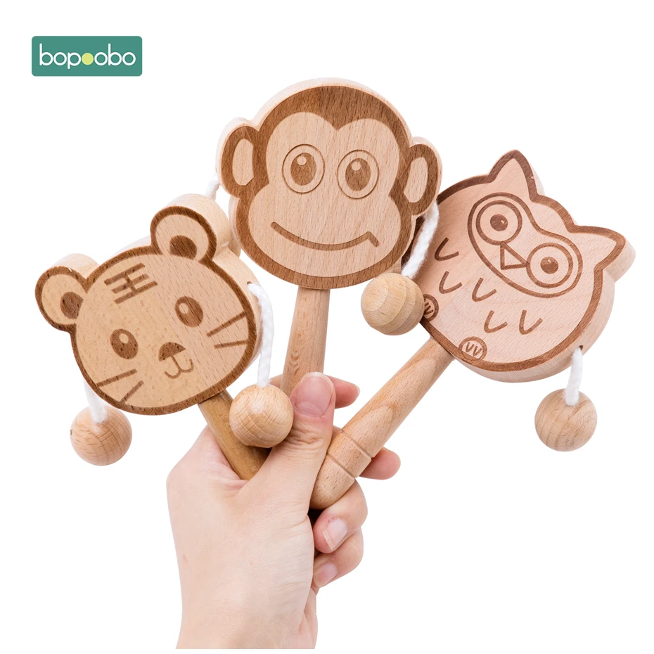 

Bopoobo 1pc Baby Rattle Drum Wooden Teether Food Grade Beech Wood Animals For New Born Pacifier Nursing Products Baby Teethers