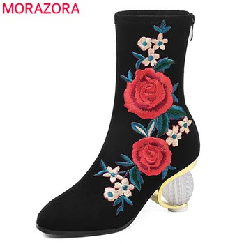 

MORAZORA 2020 Newest embroider ankle boots women flock crystal high heels party wedding shoes elegant autumn winter boots woman