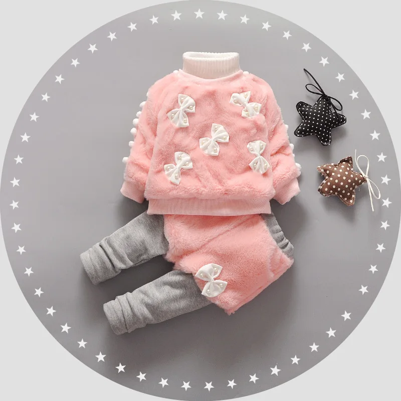 Childen Girl set White Comfort Fleece Warm Baby Kids Clothing Pearl Bow Decoration Elegant Winter Christmas High Quality Set