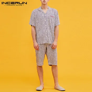 

Men Pajamas Sets Polka Dot Print Short Sleeve Lapel Sleepwear Homewear Soft Shorts Breathable Cozy Mens Nightwear Sets INCERUN