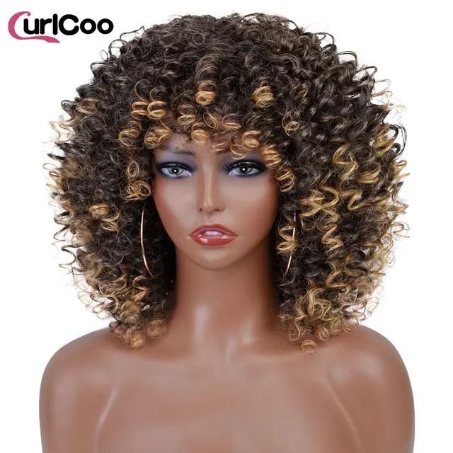 Short Afro Kinky Curly Wigs With Bangs For Black Women Synthetic Ombre Natural Heat Resistant Hair Brown Cosplay Highlight Wigs 2-27