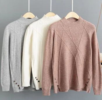 

2019 Autumn Winter Sweater Soft Warm Knitted Pullovers Button Design Solid Pullover Korean Women Clothes Pull Femme