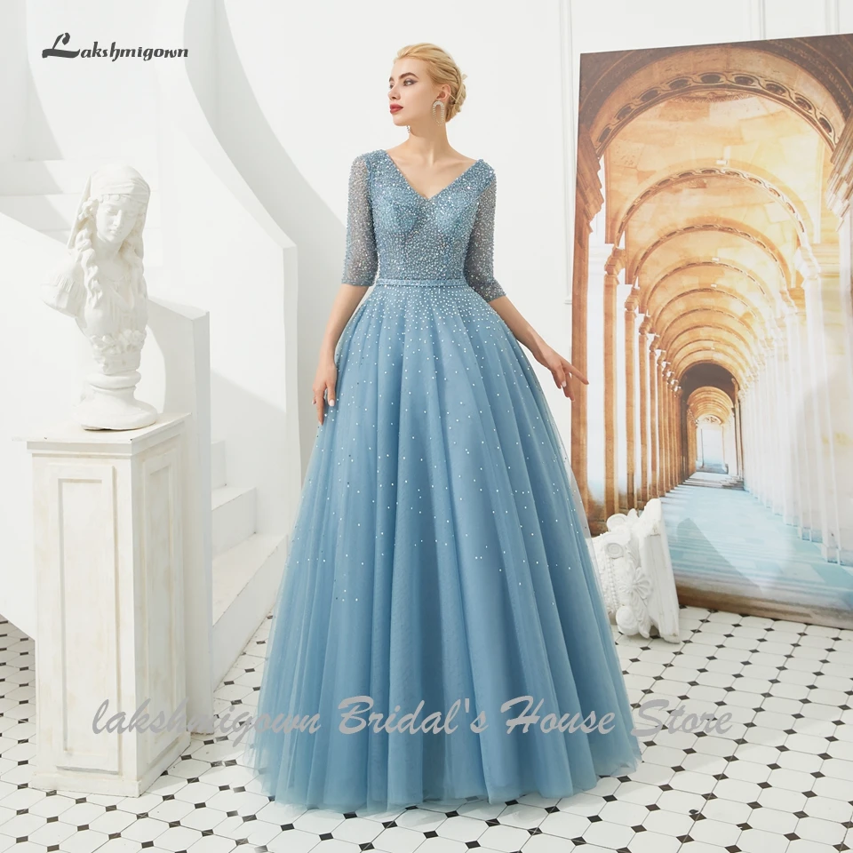 Lakshmigown роскошные женские вечернее платье с рукавами кристально длинный платья для выпускного вечера кружевные сзади Vestidos Elegantes