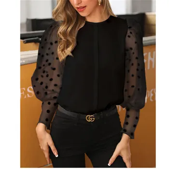 

Elegant Women Mesh Sheer See-Through Tops Shirts Women Blouse Long Puff Sleeve Polka Dot Loose Slim Soft Outwear Female Tops