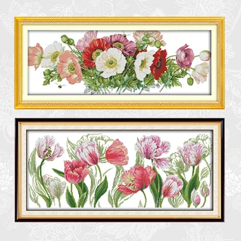 

The Spring Tulips and Poppies Cross stitch Paintings 11CT 14CT Embroidery Canvas Needlework kits DIY Handmade Crafts