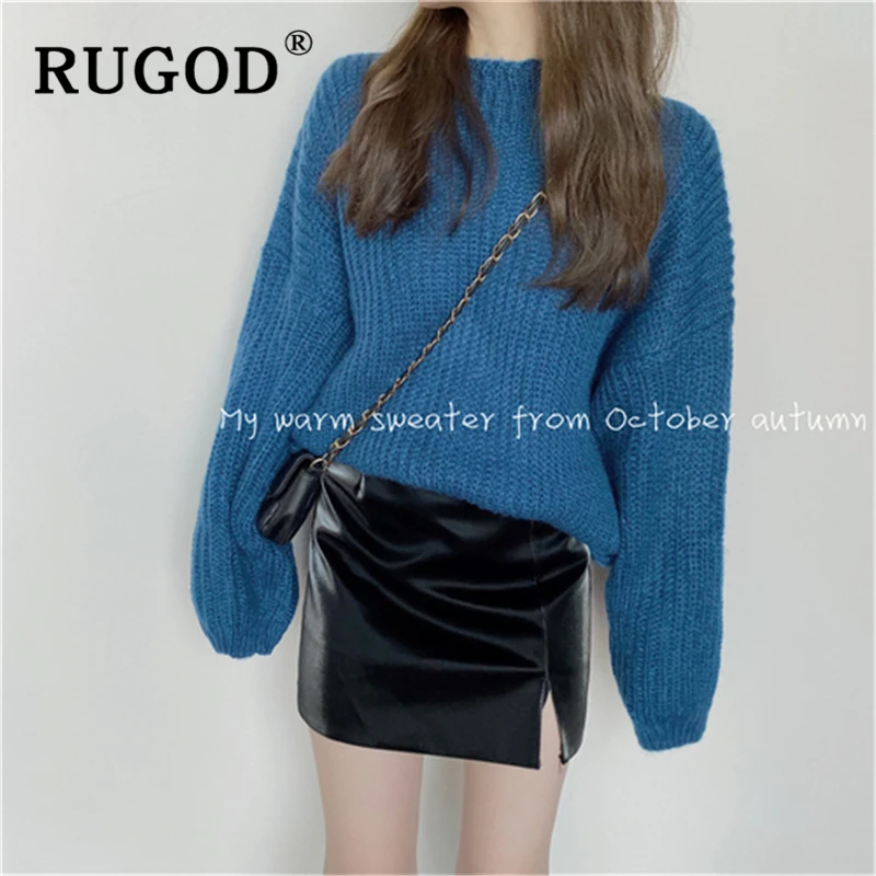 RUGOD elegante mujer tejido suéter 2019 moda chic nuevos jerseys manga linterna Casual vestimenta gran tamaño señora|Pulóveres| - AliExpress