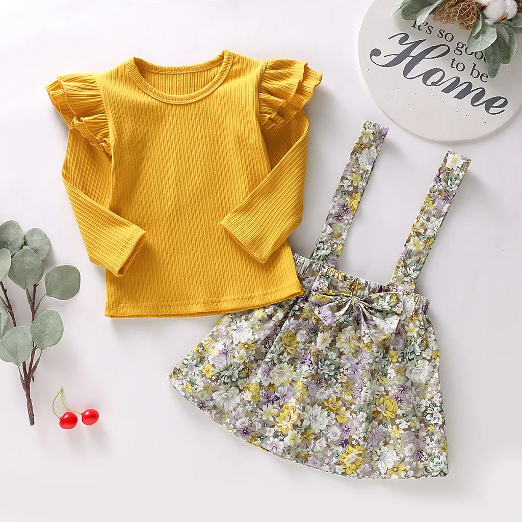 Комплекты одежды для детей; однотонные топы с длинными рукавами для маленьких девочек+ комбинезон с цветочным принтом; Одежда для девочек; костюм; M50