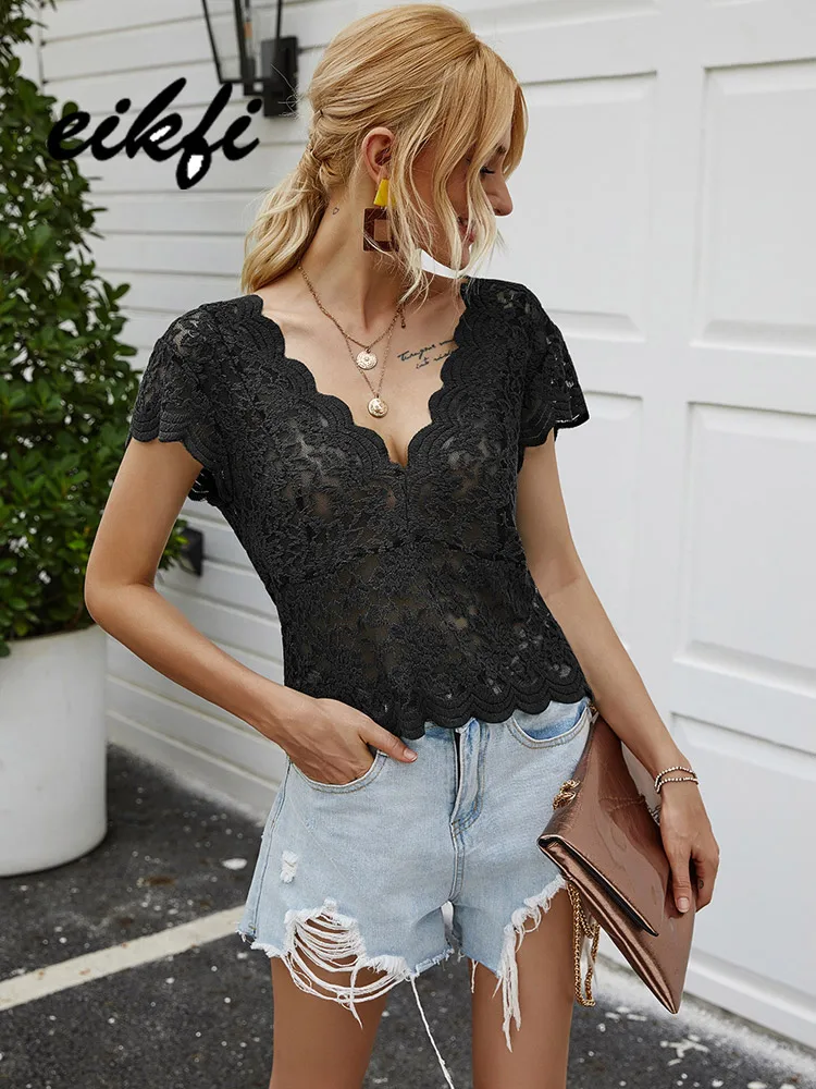 

EIKFI Women Hollow Out Lace Floral T-shirts Summer Ladies Sexy V Neck Backless See Through Black Pink Green Slim Fit Tops Shirts