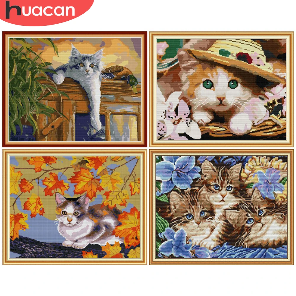HUACAN Flower Cat Cross Stitch Sets White Canvas Needlework Handicrafts Kits Embroidery Animal 14CT 11CT | Дом и сад