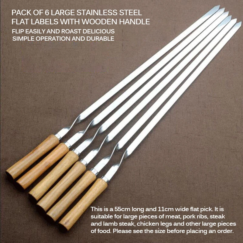 6Pcs Stainless Steel BBQ Skewers Long Handle Barbecue Shish Kebab Grill Needles 