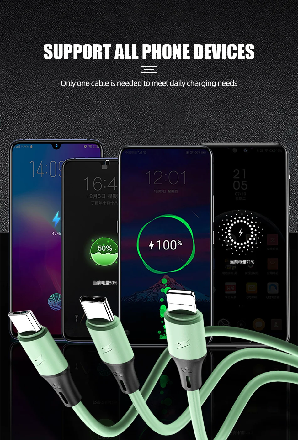 !ACCEZZ 3 in 1 USB Cable For iPhone 11 XS Pro Max 8 Plus Samsung S10 Xiaomi Redmi Note 5 USB C 8 Pin Android Charging Cable Cord (2)
