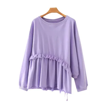 

Women 2020 Fashion Ruffles Patchwork Loose Irregular Sweatshirts Vintage O Neck Long Sleeve Female Pullovers Chic Tops