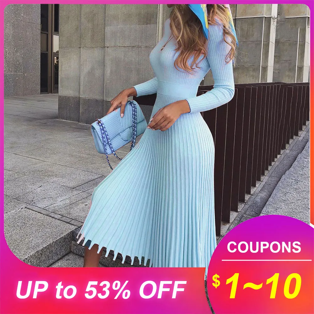 

Women Knitted Pleated Dress 2019 Autumn Retro Elegant Office Ladies Sweater Robe Causal A Line Maxi Long Dresses Party Vestidos