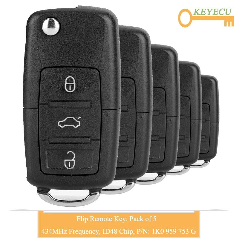 

KEYECU 5PCS Flip Remote Control Car Key for Volkswagen Caddy EOS Golf Plus Sirocco Tiguan Touran Touran, 3B- 434MHz - 1K0959753G