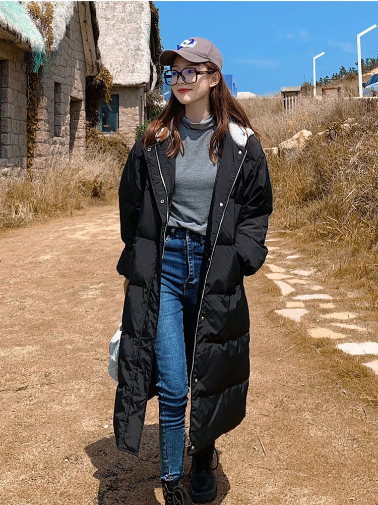公式ファッション通販 90ホワイトダックダウンジャケット女性の21冬の新中期長さ膝丈韓国ゆるいカジュアルな薄い肥厚帽子ジャケット 販売超安い Ongoing Southloopmarket Com