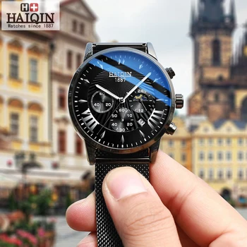 

HAIQIN quartz men's watches business luxury black wristwatch men mesh belt chronograph male sport waterproof clock reloj hombre