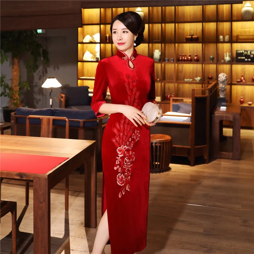 Шанхай история бархат Cheongsam китайское платье вышивка Qipao длинное