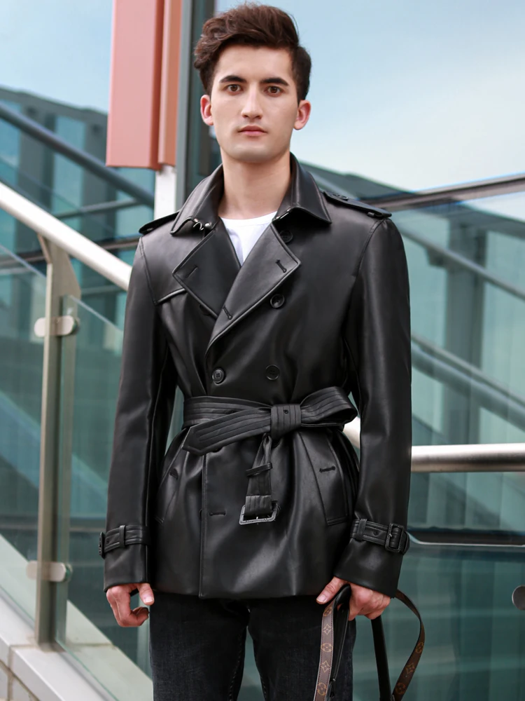 Leather windbreaker men\'s double breasted short men\'s leather jacket British handsome youth trend thickened wool inner coat men